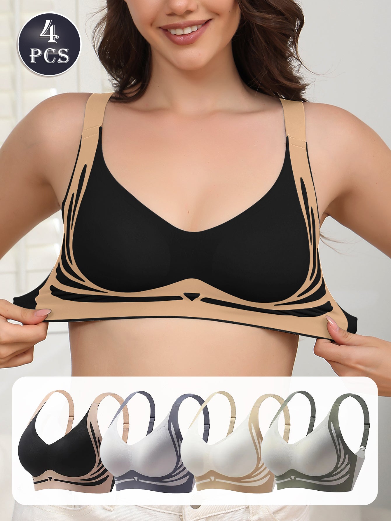 4PCS EssElegance Push-Up Seamless Bra Set - Adjustable Straps & Wire-Free Support For Daily Wear, Ultra-Soft Breathable Fabric